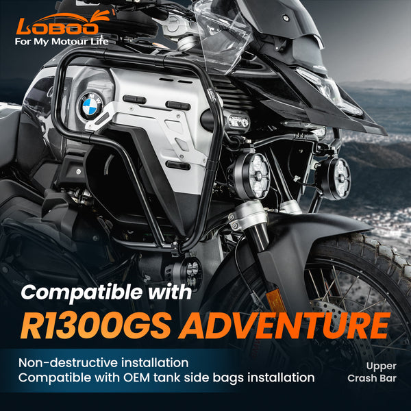 LOBOO Upper Crash Bar for BMW R1300GS Adventure (2024-on) – 304 Stainless Steel, Multi-Point Support, Silver / Black Finish
